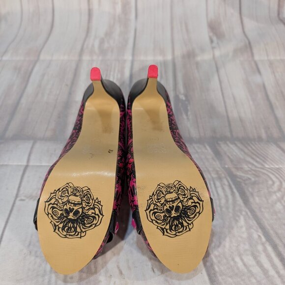 JustFab Women's Pink-Black Skull Peep Toe Heels Size 41 - Picture 10 of 11